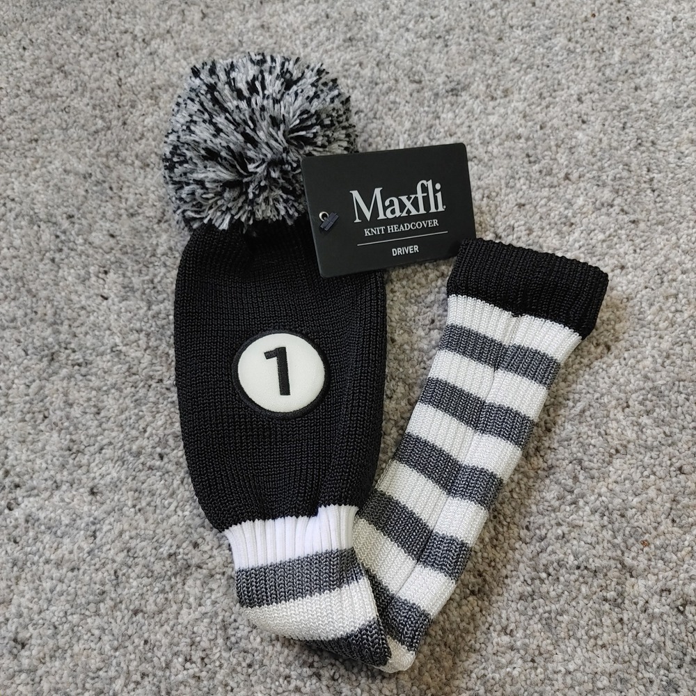 Maxfli Knit Driver Golf Club Headcover Black White Grey Striped Pom Pom MX492